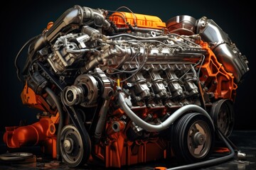 Fototapeta premium car engine with open hood, focus on parts