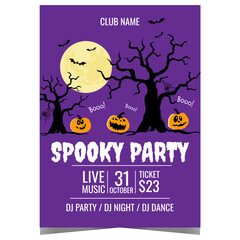 Spooky Halloween party vector design template with scary pumpkins and horrible trees in the night, full moon and bats on violet background. Halloween party invitation, banner poster or flyer.