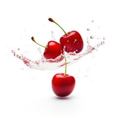 Cherries in splashes. Falling of red cherries with water splash isolated on white background