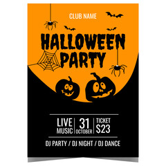 Nightmare Halloween party poster with scary pumpkins, spiders and bats on black-orange background. Halloween party invitation flyer, advertisement banner or leaflet to celebrate the All Saints' Day.