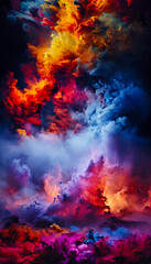 Colorful explosions of purple, red, blue, yellow, smoke futuristic background . Fantasy sky with colorful clouds texture. Backdrop for fairytale, Halloween horror card. Armageddon video game backdrop.