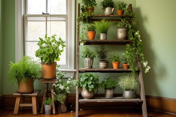 Fototapeta na wymiar vintage ladder shelf with potted plants