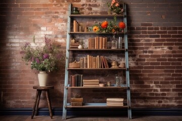 ladder bookshelf against a rustic brick wall