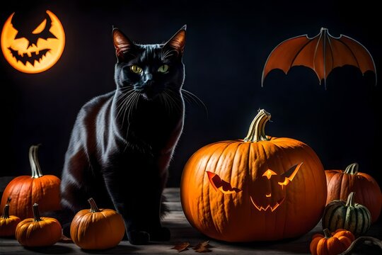 a black cat with bat wings and blooded fangs, sat on an orange pumpkin, with a scary pumpkin face - AI Generative