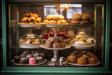 assorted cookies and muffins in a vintage display case