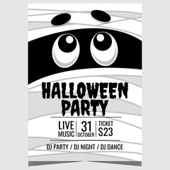Halloween party poster or banner with spooky cartoon mummy on the background. Vector design template of Halloween flyer to invite friends to celebrate the All Saints' Day on October 31.