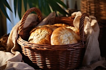 artisan bread loaves in a wicker basket