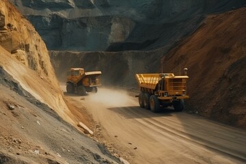 Yellow quarry dump truck carrying rocks, while an underground mining vehicle navigates a winding mount. Generative AI