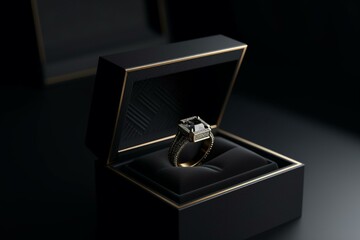 Mockup of a black box with gold diamond ring on the front. Generative AI