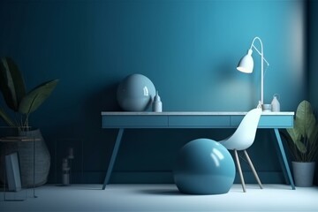 Contemporary blue office with laptop, greenery, and lamp. Interior design concept. 3d rendering. Generative AI