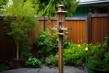 Fototapeta na wymiar squirrel proof bird feeder on a garden pole