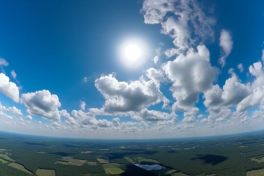 Panoramic view of blue sky with cirrus clouds in 360-degree format for use in 3D graphics and aerial drone panoramas. Generative AI