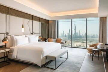 A luxurious bedroom with wood accents, white ceiling, and skyline views of Dubai. Ideal for hotel or condo lodging. Generative AI