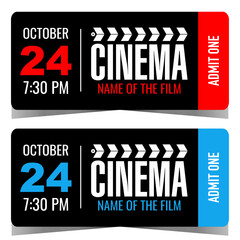 Cinema ticket template in modern design. Vector movie ticket with rounded corners and cinematographic clapperboard elements. Ticket also suitable for film festival access or cinema entrance control.