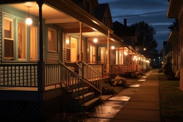 Obraz premium illuminated porch lights on a row of houses