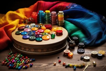 various colorful buttons and threads on table
