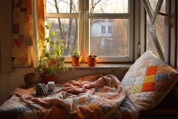 warm quilt on a window sill, inviting and cozy