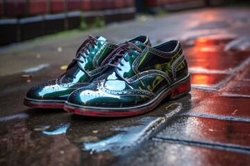 shiny shoes standing on a wet pavement