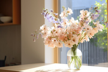 A vase of flowers on a wooden table in a bright room. The vase is a clear glass jar with a green stem and leaves visible through it. The flowers are a mix of pink and white cherry blossoms