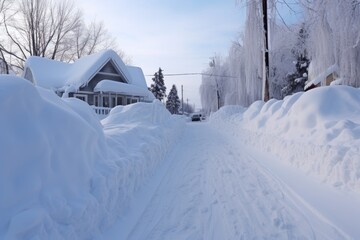 snowy driveway with cleared path and piled snow