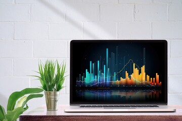 Notebook sobre escritorio mostrando un gráfico de análisis estadístico y una linda planta decorativa a su izquierda. Imagen ideal para armar tu presentación de negocios.