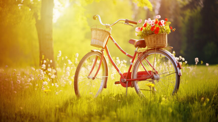 Fototapeta premium Bicycle with a wicker basket in a Beautiful spring landscape with colorful wildflowers in a green meadow, mountain background, at sunset.Generative AI
