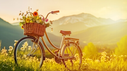 Bicycle with a wicker basket in a Beautiful spring landscape with colorful wildflowers in a green meadow, mountain background, at sunset.Generative AI - obrazy, fototapety, plakaty