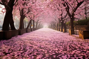 sakura-lined avenue with petals covering the ground