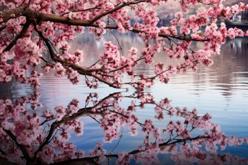 Fototapeta premium reflection of blossoms on a still lake