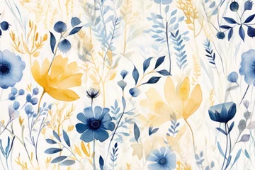Fototapeten Seamless pattern - repeatable texture of abstract watercolor flowers and leaves in blue, yellow and creme on white background © Karat