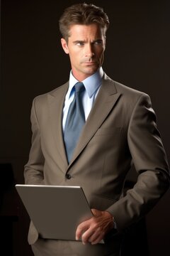a handsome businessman sidling up to his laptop