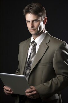 a handsome businessman sidling up to his laptop