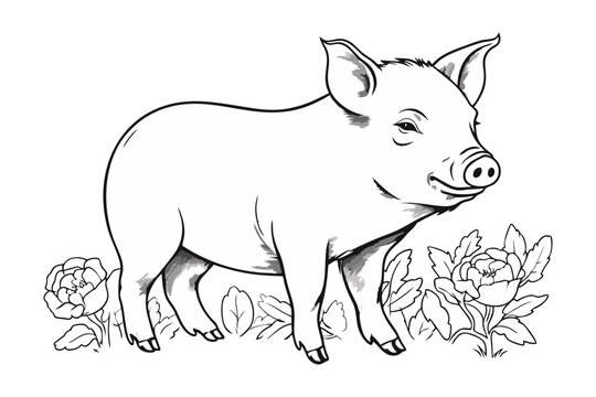 Pig pencil drawing coloring book. Vector illustration