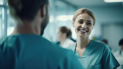 close-up group of doctor and nurse talking about job