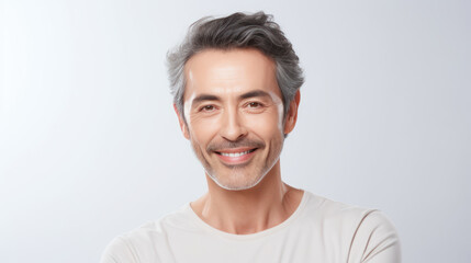 beauty skin of mature man little bit smile look at camera on white isolated background