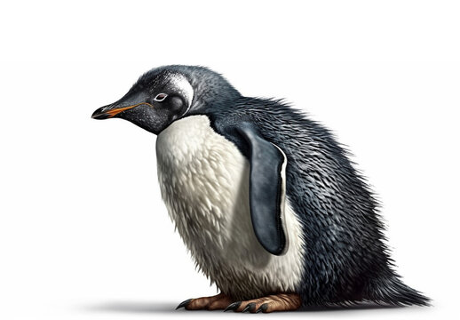 Penguin portrait on a blue color background. Emperor Penguin Chick