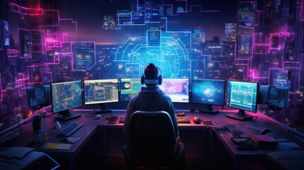 Craft a scene featuring a proficient hacker in a cyberpunk world, encircled by holographic interfaces, complex code, and elements of virtual reality