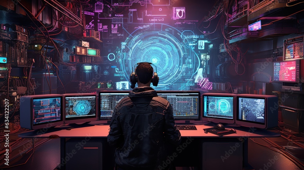 Poster craft a scene featuring a proficient hacker in a cyberpunk world, encircled by holographic interface