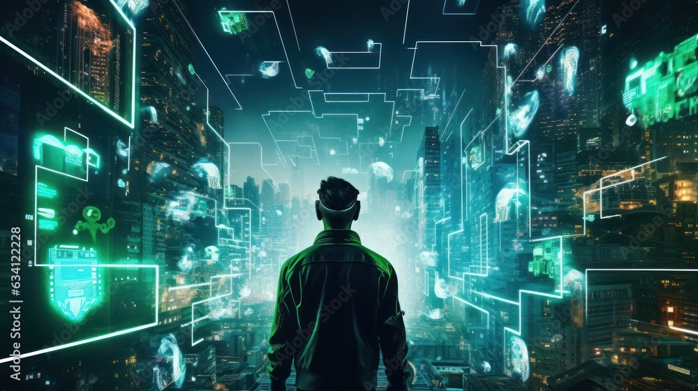 Poster craft a scene featuring a proficient hacker in a cyberpunk world, encircled by holographic interface