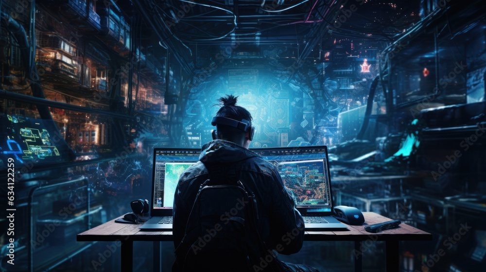 Poster craft a scene featuring a proficient hacker in a cyberpunk world, encircled by holographic interface