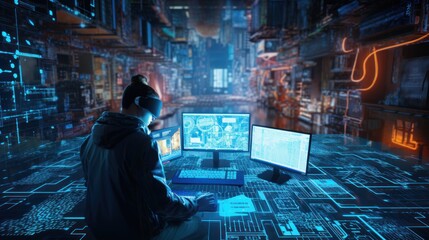 Craft a scene featuring a proficient hacker in a cyberpunk world, encircled by holographic interfaces, complex code, and elements of virtual reality