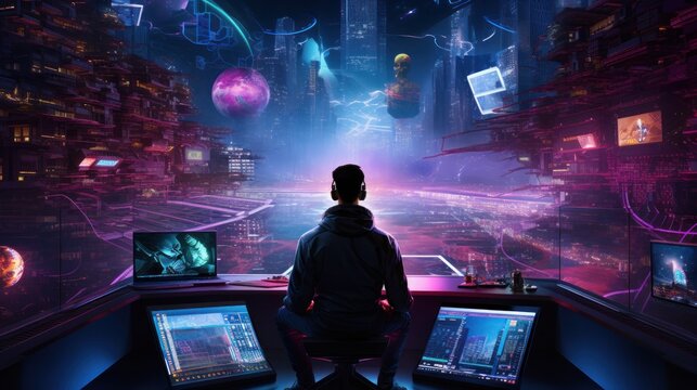 Craft a scene featuring a proficient hacker in a cyberpunk world, encircled by holographic interfaces, complex code, and elements of virtual reality