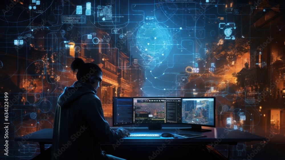 Poster craft a scene featuring a proficient hacker in a cyberpunk world, encircled by holographic interface