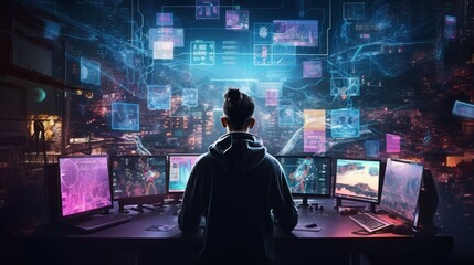 Craft a scene featuring a proficient hacker in a cyberpunk world, encircled by holographic interfaces, complex code, and elements of virtual reality