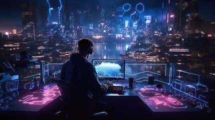 Craft a scene featuring a proficient hacker in a cyberpunk world, encircled by holographic interfaces, complex code, and elements of virtual reality