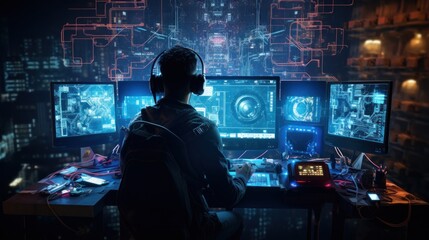 Craft a scene featuring a proficient hacker in a cyberpunk world, encircled by holographic interfaces, complex code, and elements of virtual reality