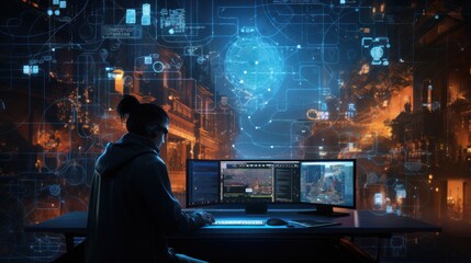 Craft a scene featuring a proficient hacker in a cyberpunk world, encircled by holographic interfaces, complex code, and elements of virtual reality