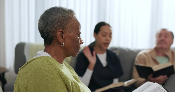 Senior black woman, bible and group in home, worship and prayer together. Elderly people, religion and study, spiritual praise and reading in knowledge, guide and community faith in retirement house