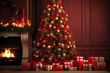 Fototapeta na wymiar Glowing Christmas Tree Beside a Cozy Hearth