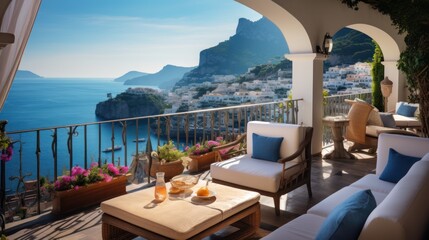 Exquisite villa perched on the stunning Amalfi Coast of Italy, offering unparalleled vistas of the glistening Mediterranean Sea and terraced cliffs - obrazy, fototapety, plakaty